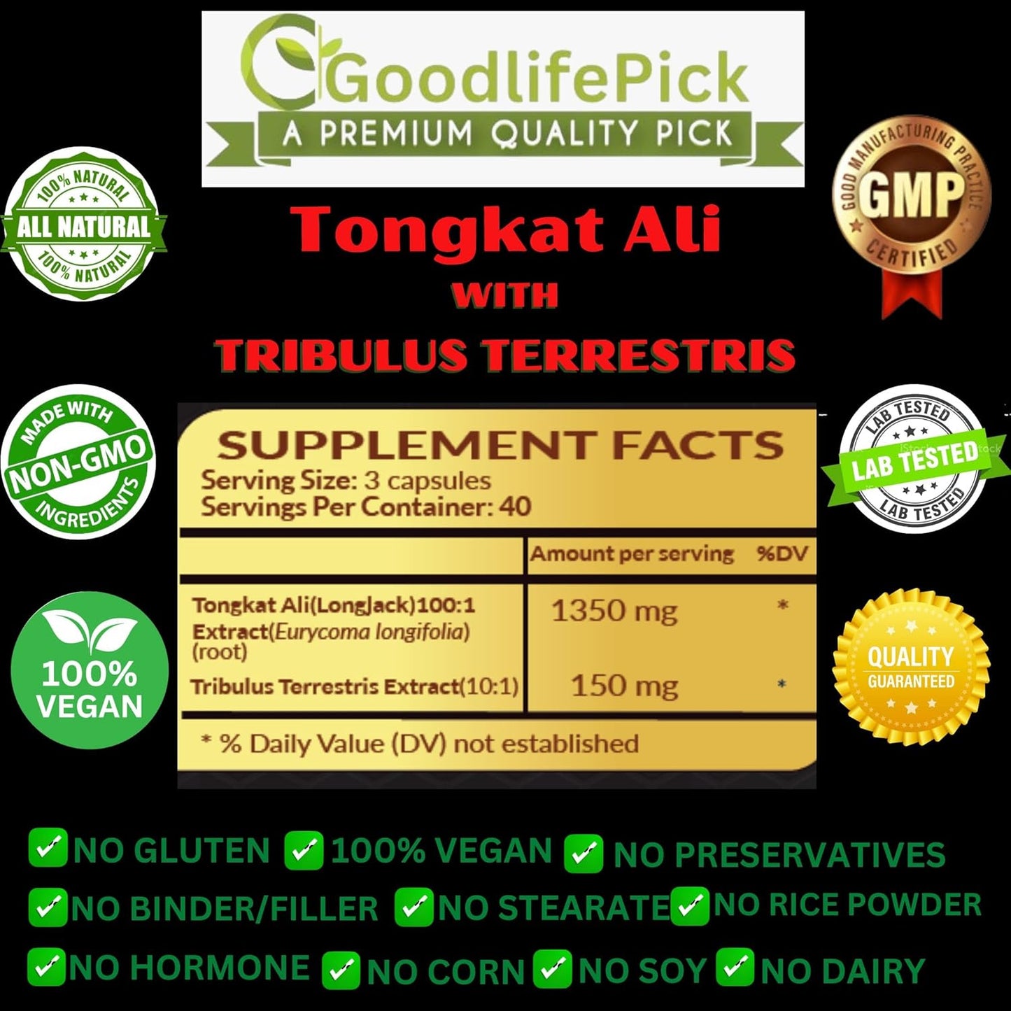 Premium Extra Strength Tongkat Ali with Tribulus Terrestris - 100:1 Longjack Extract in 120 Vegan Capsules for Men - All Natural, Non-GMO
