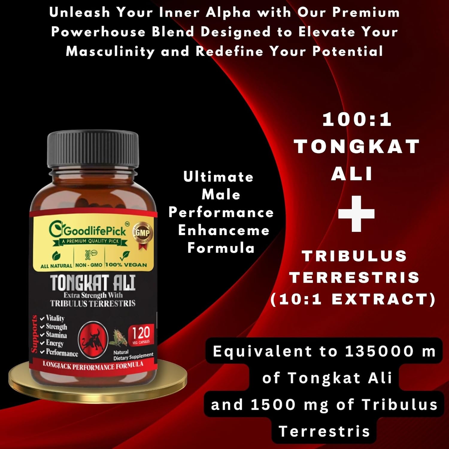 Premium Extra Strength Tongkat Ali with Tribulus Terrestris - 100:1 Longjack Extract in 120 Vegan Capsules for Men - All Natural, Non-GMO