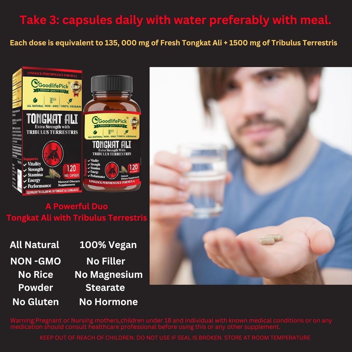 Premium Extra Strength Tongkat Ali with Tribulus Terrestris - 100:1 Longjack Extract in 120 Vegan Capsules for Men - All Natural, Non-GMO