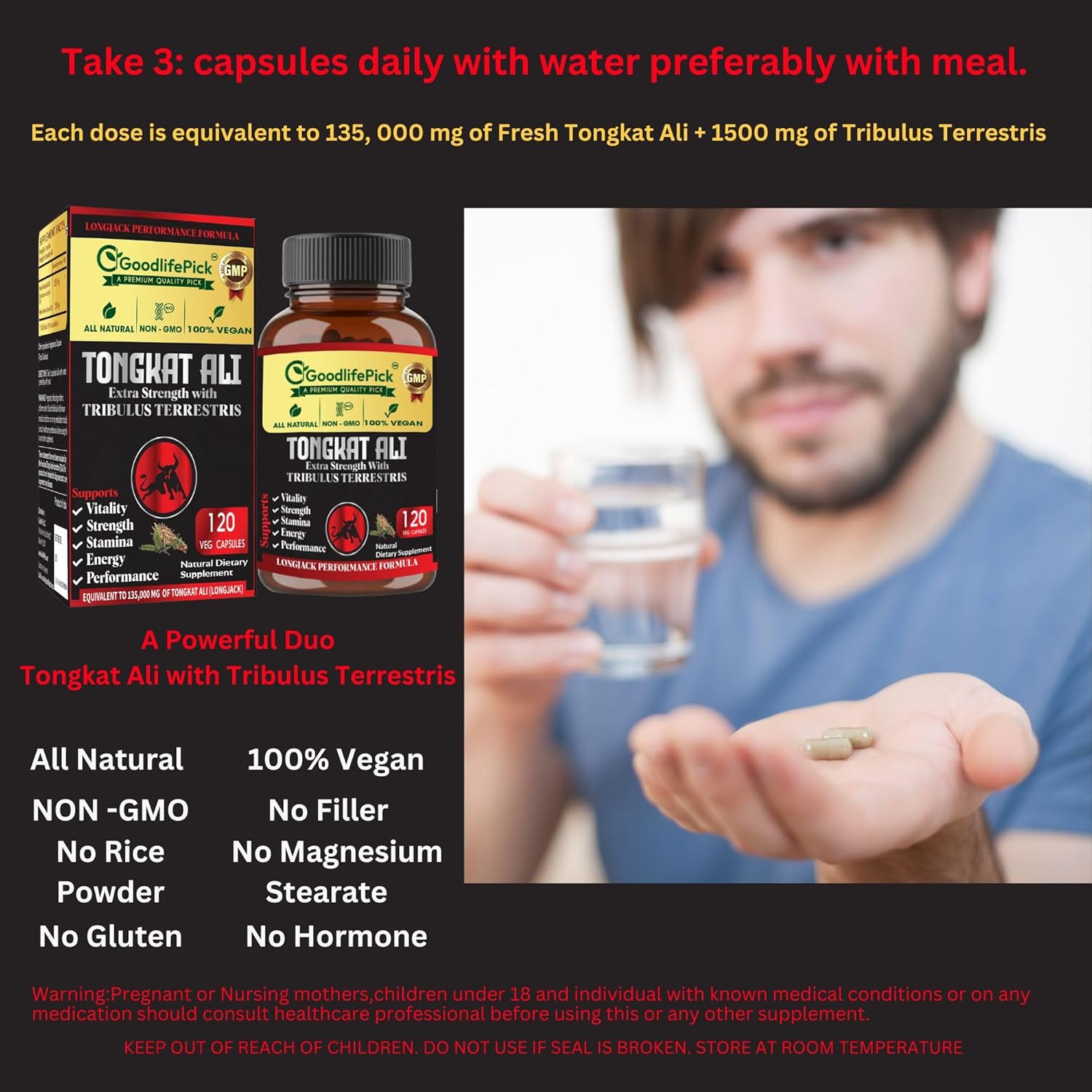 Premium Extra Strength Tongkat Ali with Tribulus Terrestris - 100:1 Longjack Extract in 120 Vegan Capsules for Men - All Natural, Non-GMO