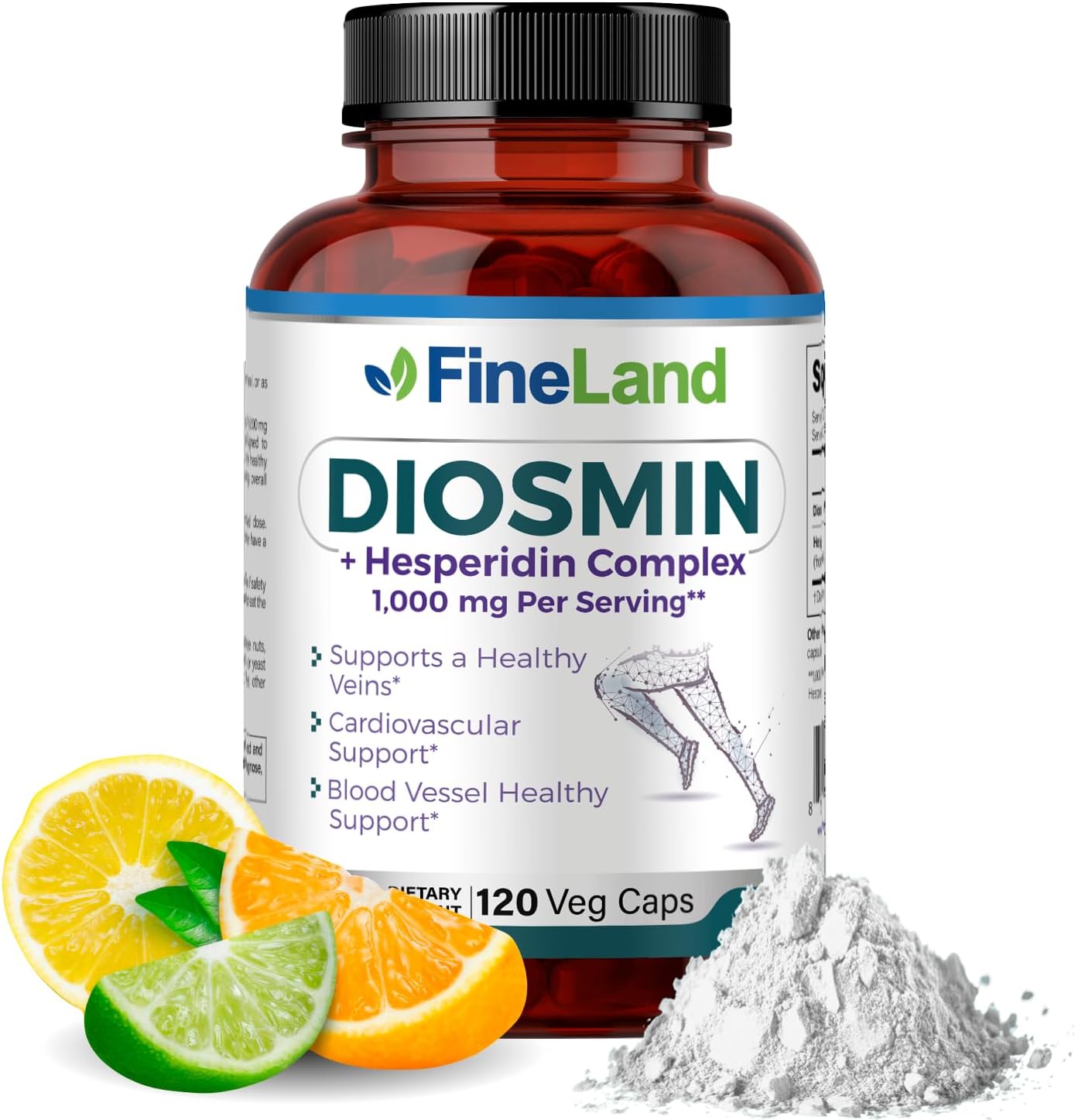 Premium FineLand Diosmin & Hesperidin Complex - 1000mg Capsules for Blood Flow & Circulation - Vegan & Natural Formula - 120 Count
