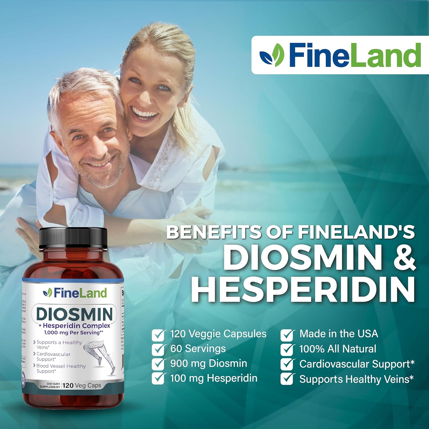Premium FineLand Diosmin & Hesperidin Complex - 1000mg Capsules for Blood Flow & Circulation - Vegan & Natural Formula - 120 Count