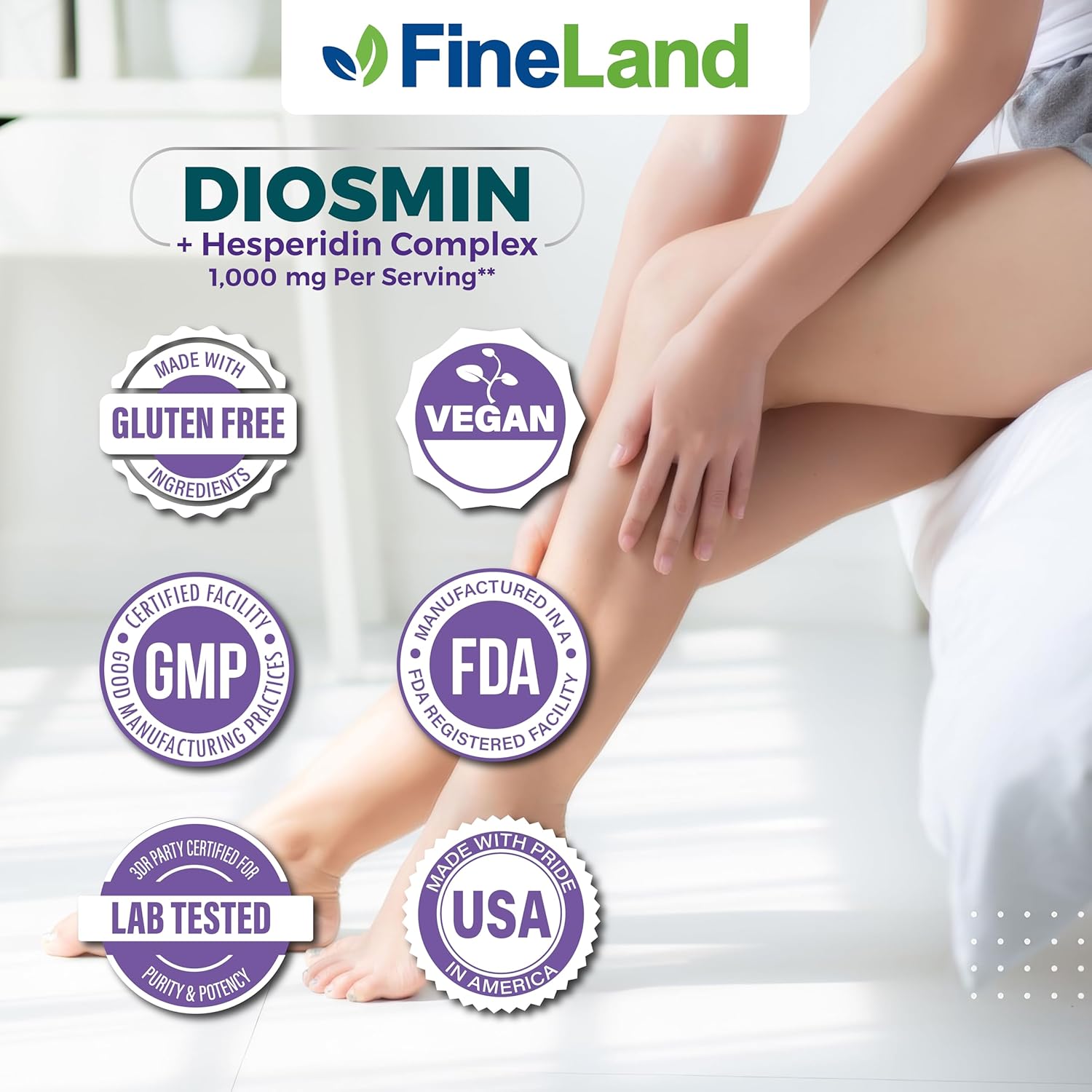 Premium FineLand Diosmin & Hesperidin Complex - 1000mg Capsules for Blood Flow & Circulation - Vegan & Natural Formula - 120 Count