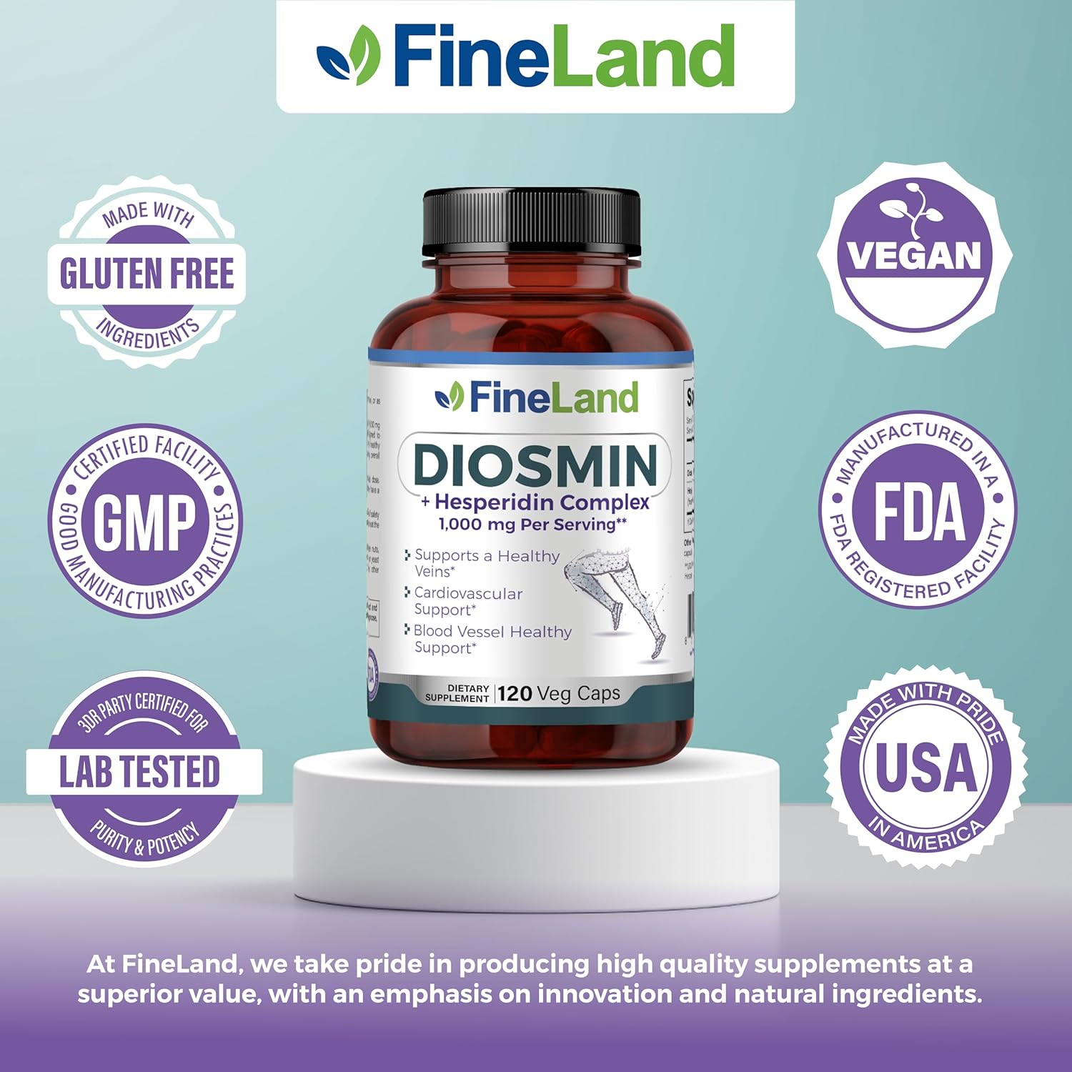 Premium FineLand Diosmin & Hesperidin Complex - 1000mg Capsules for Blood Flow & Circulation - Vegan & Natural Formula - 120 Count
