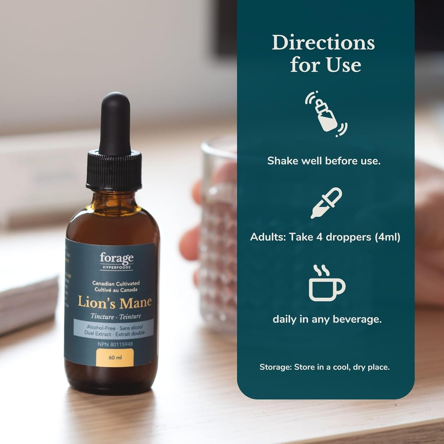 Premium Forage Hyperfoods Lion’s Mane Tincture - Memory & Nerve Support - Dual Extract - Alcohol-Free - 60 ml