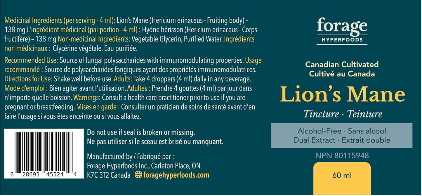 Premium Forage Hyperfoods Lion’s Mane Tincture - Memory & Nerve Support - Dual Extract - Alcohol-Free - 60 ml