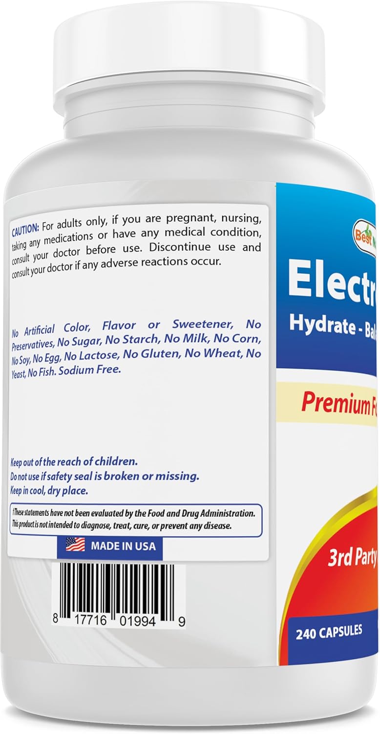 Premium Formula 240 Capsules - Best Naturals Electrolytes for Hydration, Balance, and Sustain. Gluten-Free, Non-GMO.