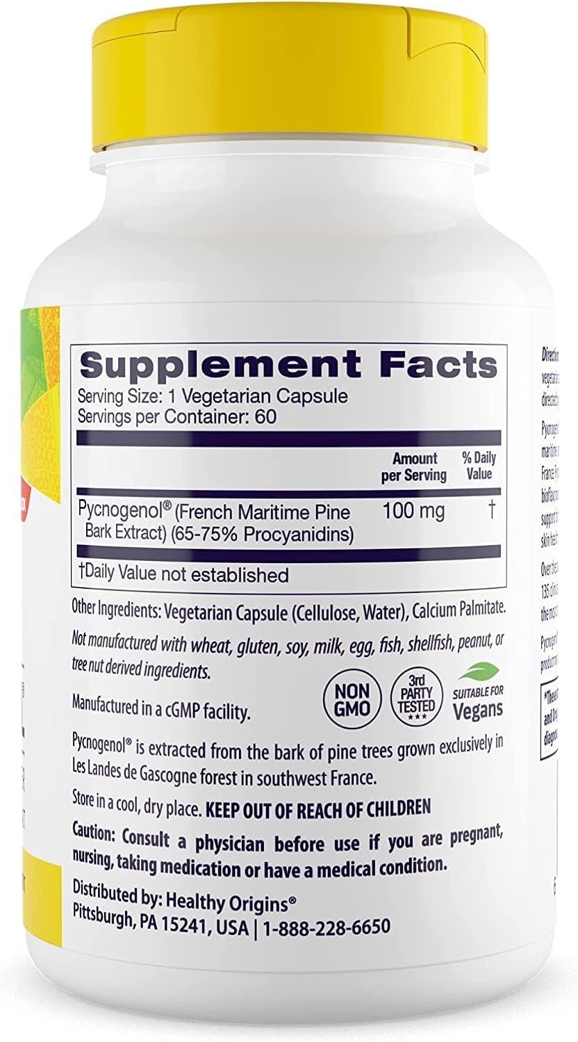 Premium French Maritime Pine Bark Extract - Healthy Origins Pycnogenol 100mg Supplement for Heart Health & Skin Care - Gluten-Free & Non-GMO - 60 Veg Capsules