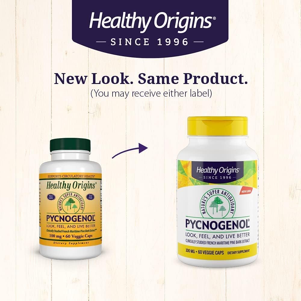 Premium French Maritime Pine Bark Extract - Healthy Origins Pycnogenol 100mg Supplement for Heart Health & Skin Care - Gluten-Free & Non-GMO - 60 Veg Capsules