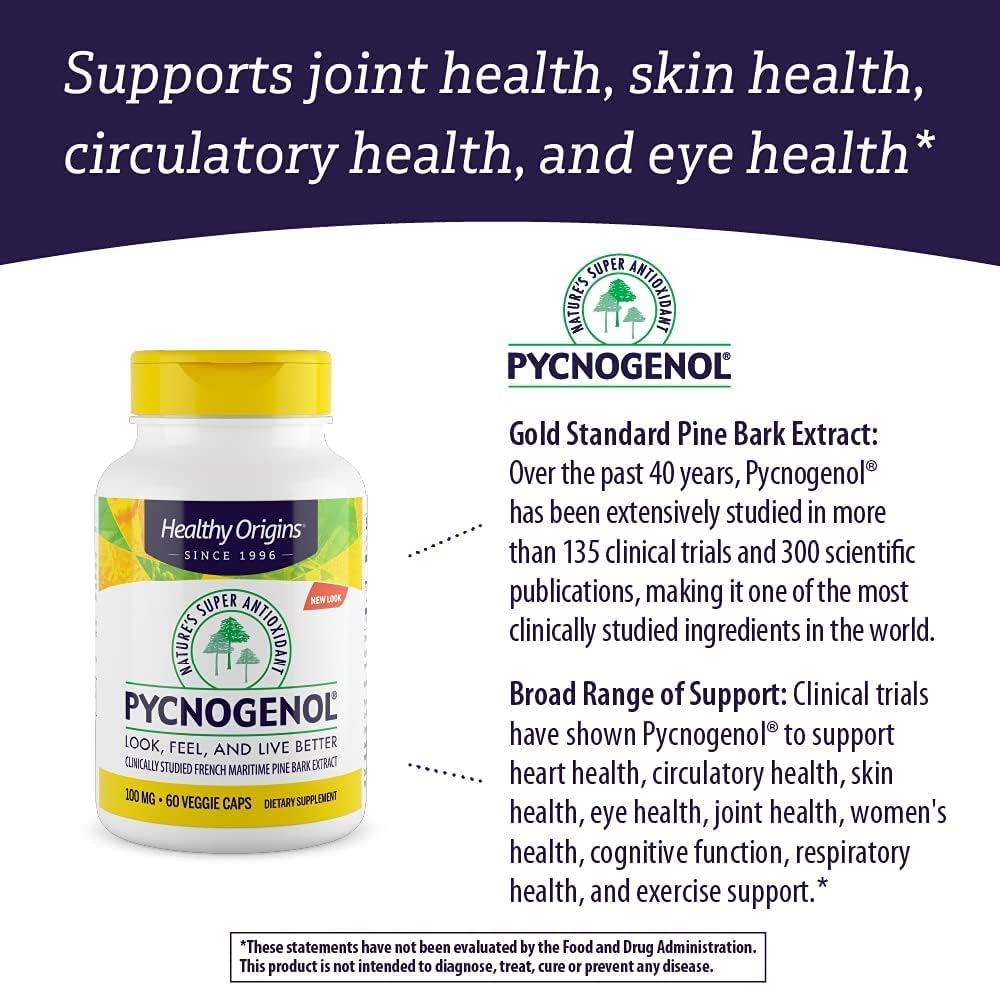 Premium French Maritime Pine Bark Extract - Healthy Origins Pycnogenol 100mg Supplement for Heart Health & Skin Care - Gluten-Free & Non-GMO - 60 Veg Capsules