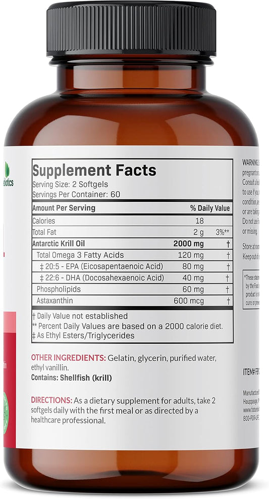 Premium Futurebiotics Antarctic Krill Oil 2000mg Softgels with Astaxanthin - Pure Omega-3 EPA, DHA, Phospholipids - Non GMO, Heavy Metal Tested - 120 Count
