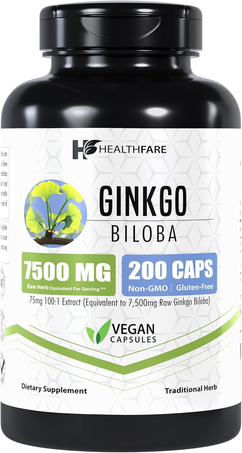 Premium Ginkgo Biloba Extract Capsules - 7500mg Strength - 200 Count - Non-GMO & Vegetarian - USA Made