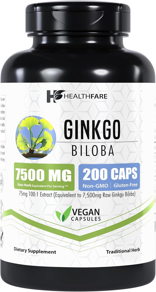Premium Ginkgo Biloba Extract Capsules - 7500mg Strength - 200 Count - Non-GMO & Vegetarian - USA Made
