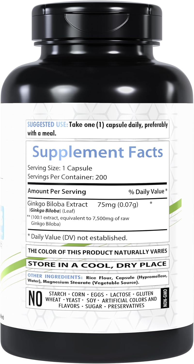 Premium Ginkgo Biloba Extract Capsules - 7500mg Strength - 200 Count - Non-GMO & Vegetarian - USA Made