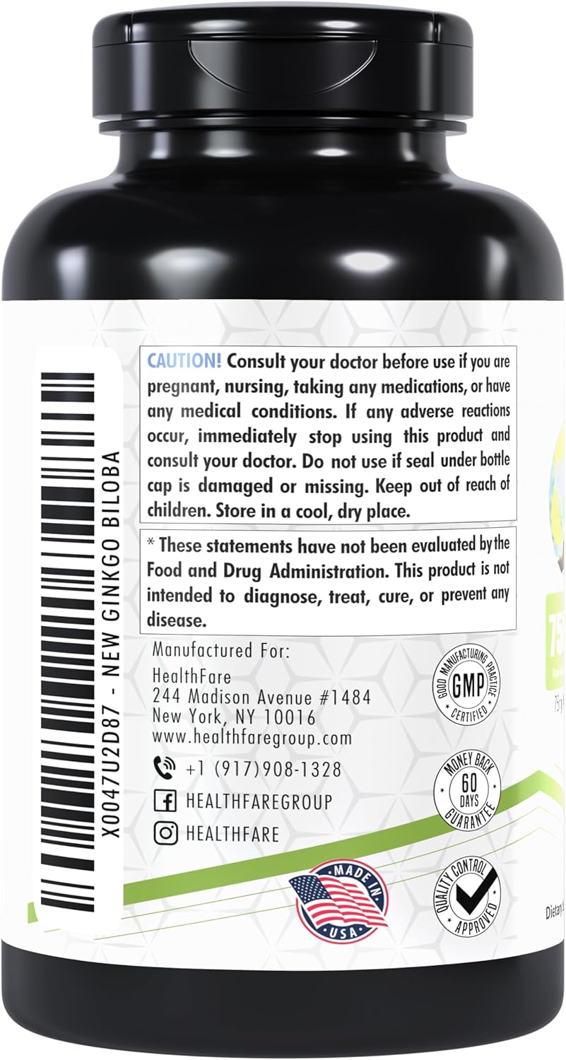 Premium Ginkgo Biloba Extract Capsules - 7500mg Strength - 200 Count - Non-GMO & Vegetarian - USA Made