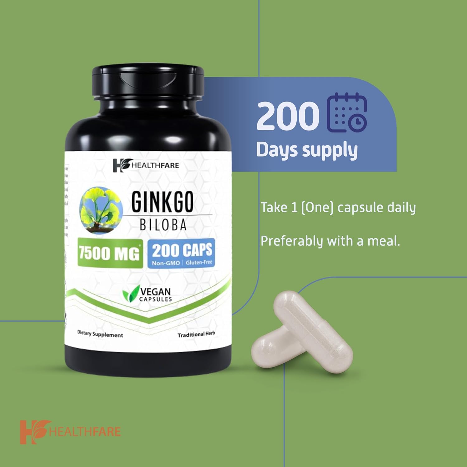 Premium Ginkgo Biloba Extract Capsules - 7500mg Strength - 200 Count - Non-GMO & Vegetarian - USA Made