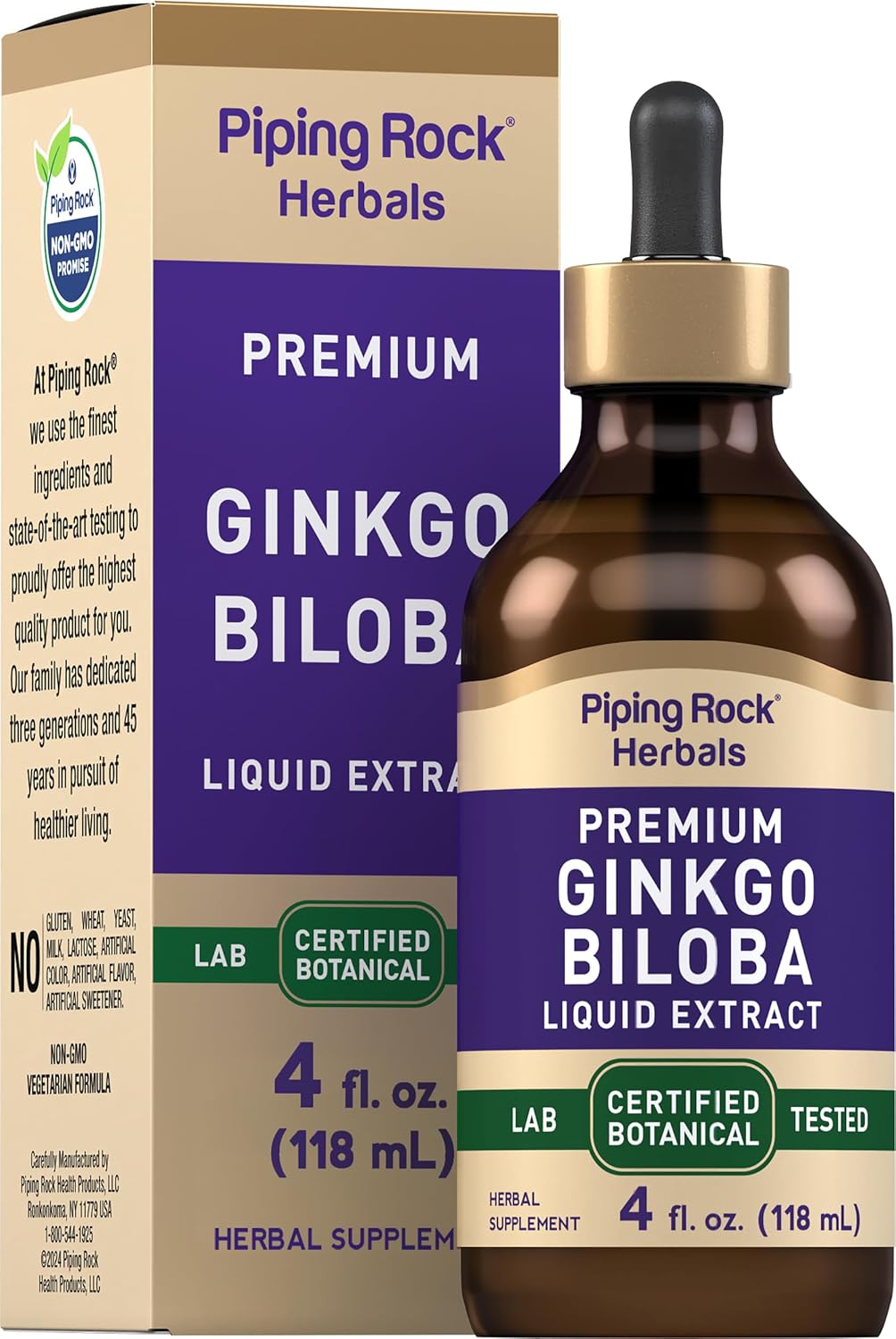 Premium Ginkgo Biloba Liquid Extract Supplement - 4 fl oz | Certified Botanical | Non GMO & Gluten Free | Piping Rock