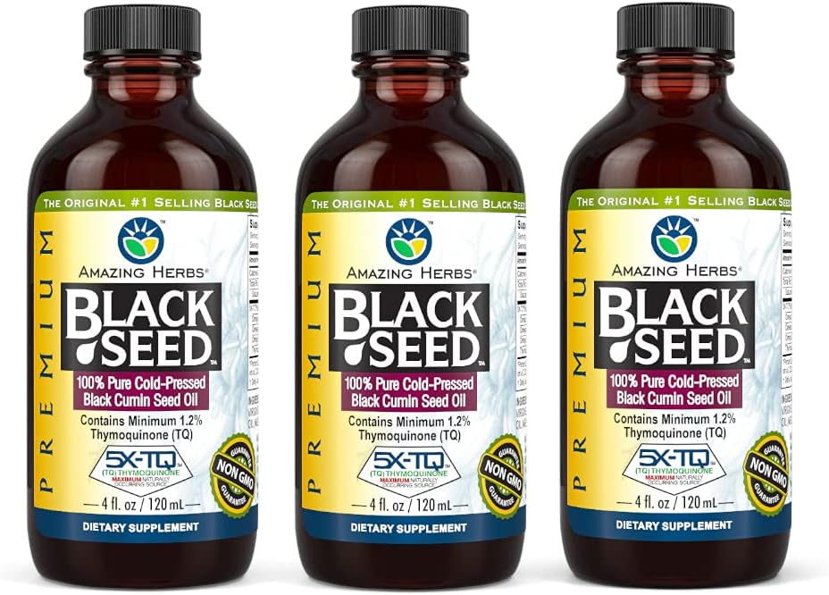 Premium Gluten Free Non GMO Cold Pressed Black Seed Oil for Digestive Health, Immune Support, Brain Function - 4 Fl Oz (Pack of 3)
