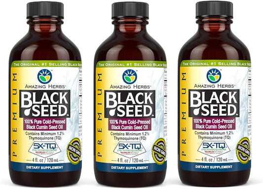 Premium Gluten Free Non GMO Cold Pressed Black Seed Oil for Digestive Health, Immune Support, Brain Function - 4 Fl Oz (Pack of 3)
