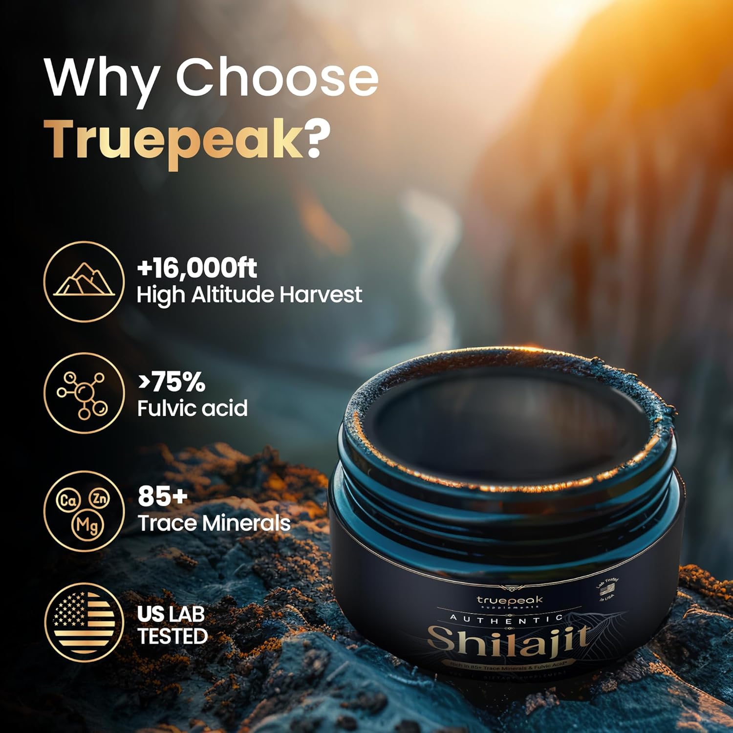 Premium Gold Grade TruePeak Himalayan Shilajit Resin - 500mg Max Potency, 85 Trace Minerals, Fulvic & Humic Acid - Energy & Immune Boost - 30g