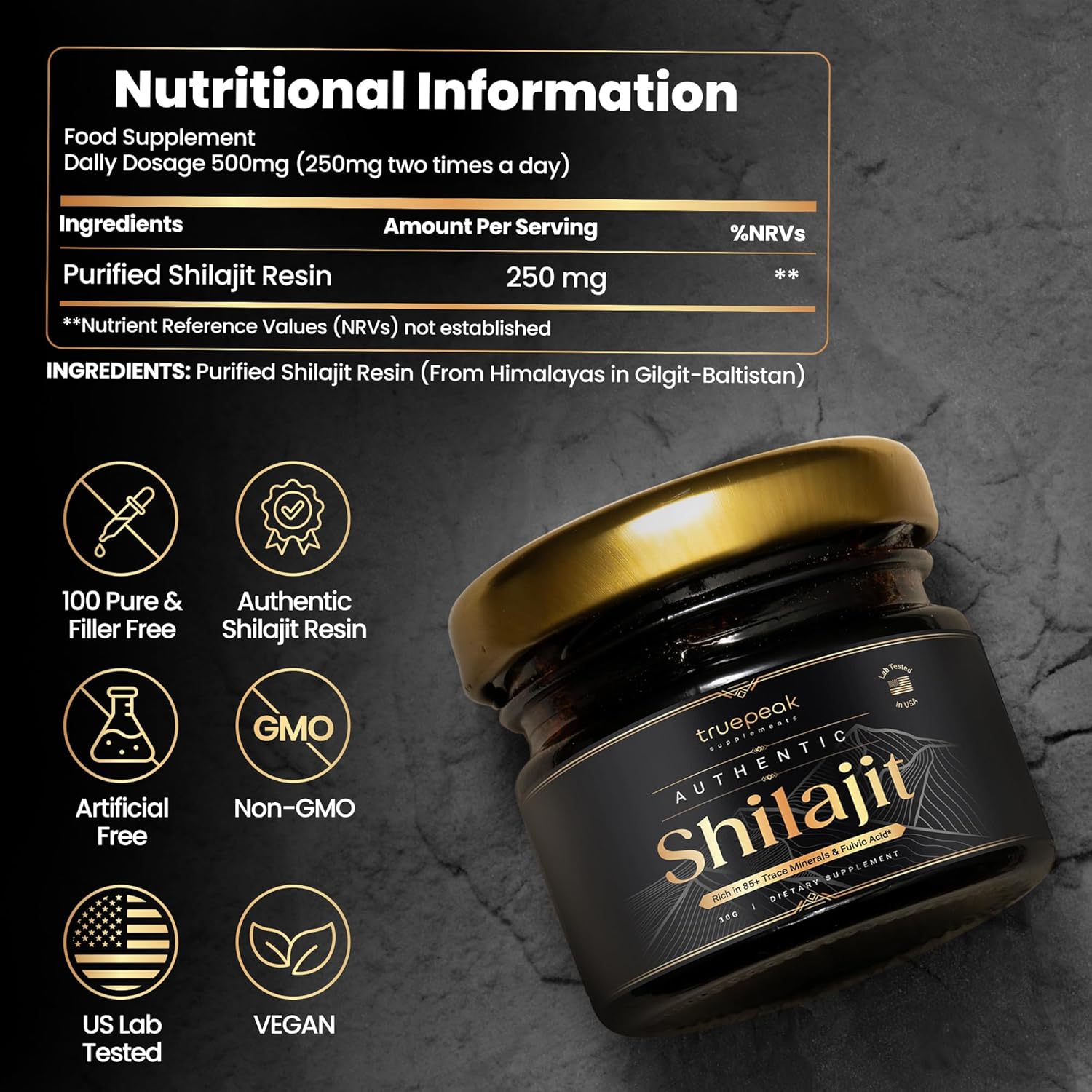 Premium Gold Grade TruePeak Himalayan Shilajit Resin - 500mg Max Potency, 85 Trace Minerals, Fulvic & Humic Acid - Energy & Immune Boost - 30g