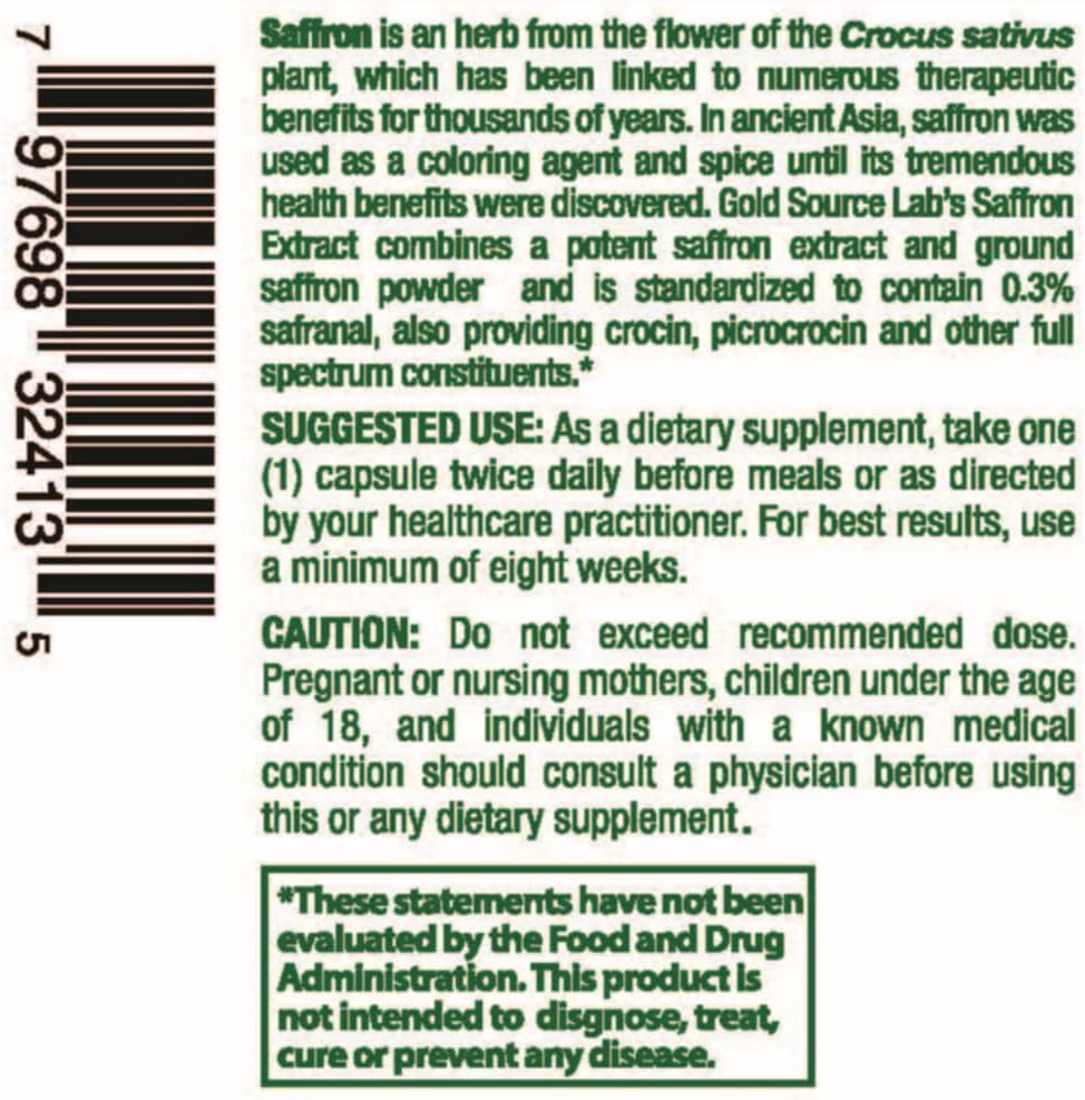 Premium Gold Source Labs Saffron Extract Capsules - 88.25 mg with .3% Safranal Extract, 60 Vegetarian Pills for Appetite and Eye Health