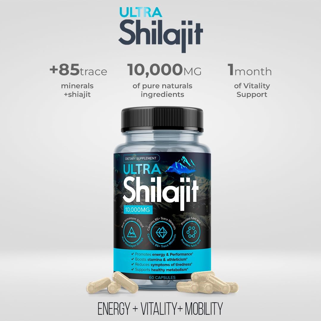 Premium Grade AURA VITAMINS Shilajit Supplement 10,000mg 60 Capsules - 100% Pure Natural Extract for Energy, Vitality, Metabolism, and Immune System Support