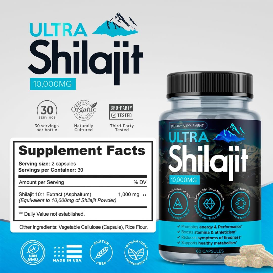 Premium Grade AURA VITAMINS Shilajit Supplement 10,000mg 60 Capsules - 100% Pure Natural Extract for Energy, Vitality, Metabolism, and Immune System Support
