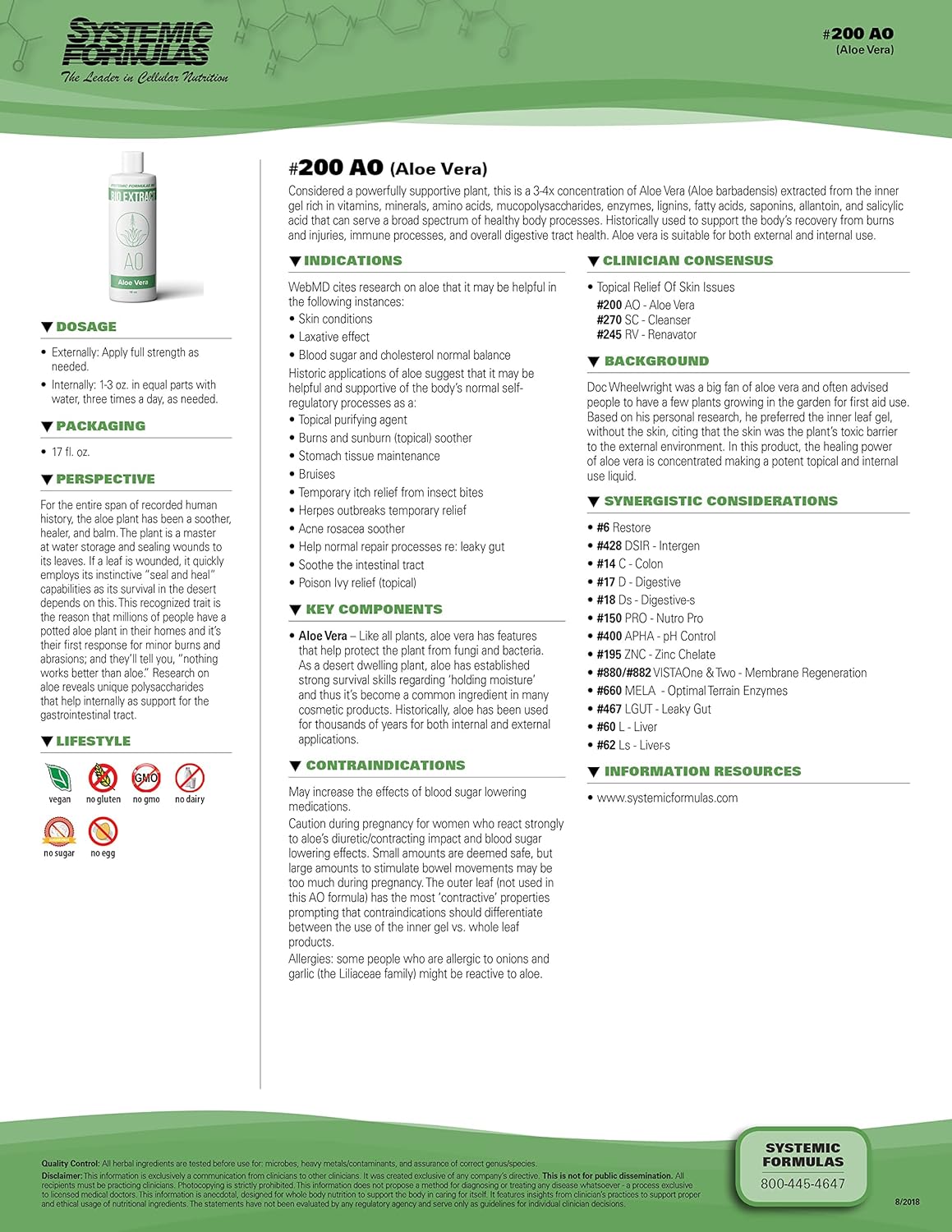 Premium Grade Systemic Formulas Aloe Vera Extract #200 - 16 oz for Digestive Health & Wellness