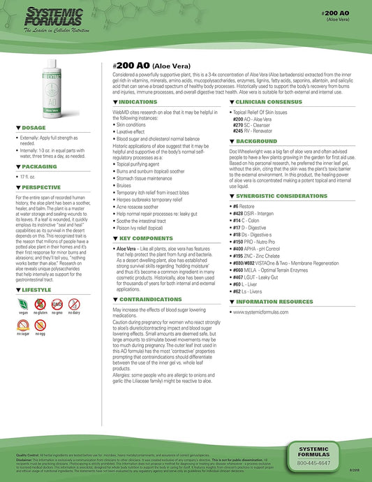 Premium Grade Systemic Formulas Aloe Vera Extract #200 - 16 oz for Digestive Health & Wellness
