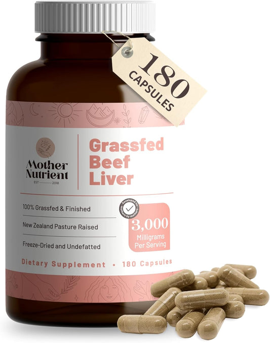 Premium Grass Fed Beef Liver Capsules from New Zealand - Rich in Vitamins A, B12, Iron, Protein - 180 Capsules for 45 Days