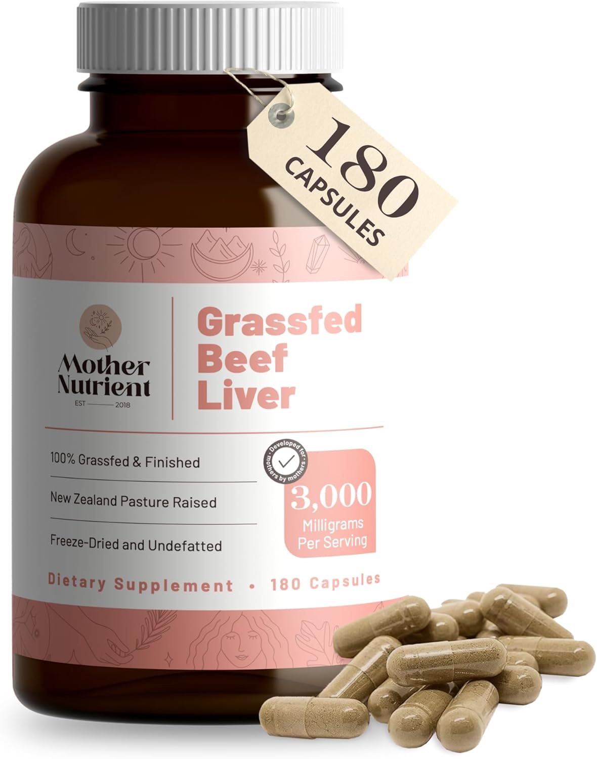 Premium Grass Fed Beef Liver Capsules from New Zealand - Rich in Vitamins A, B12, Iron, Protein - 180 Capsules for 45 Days