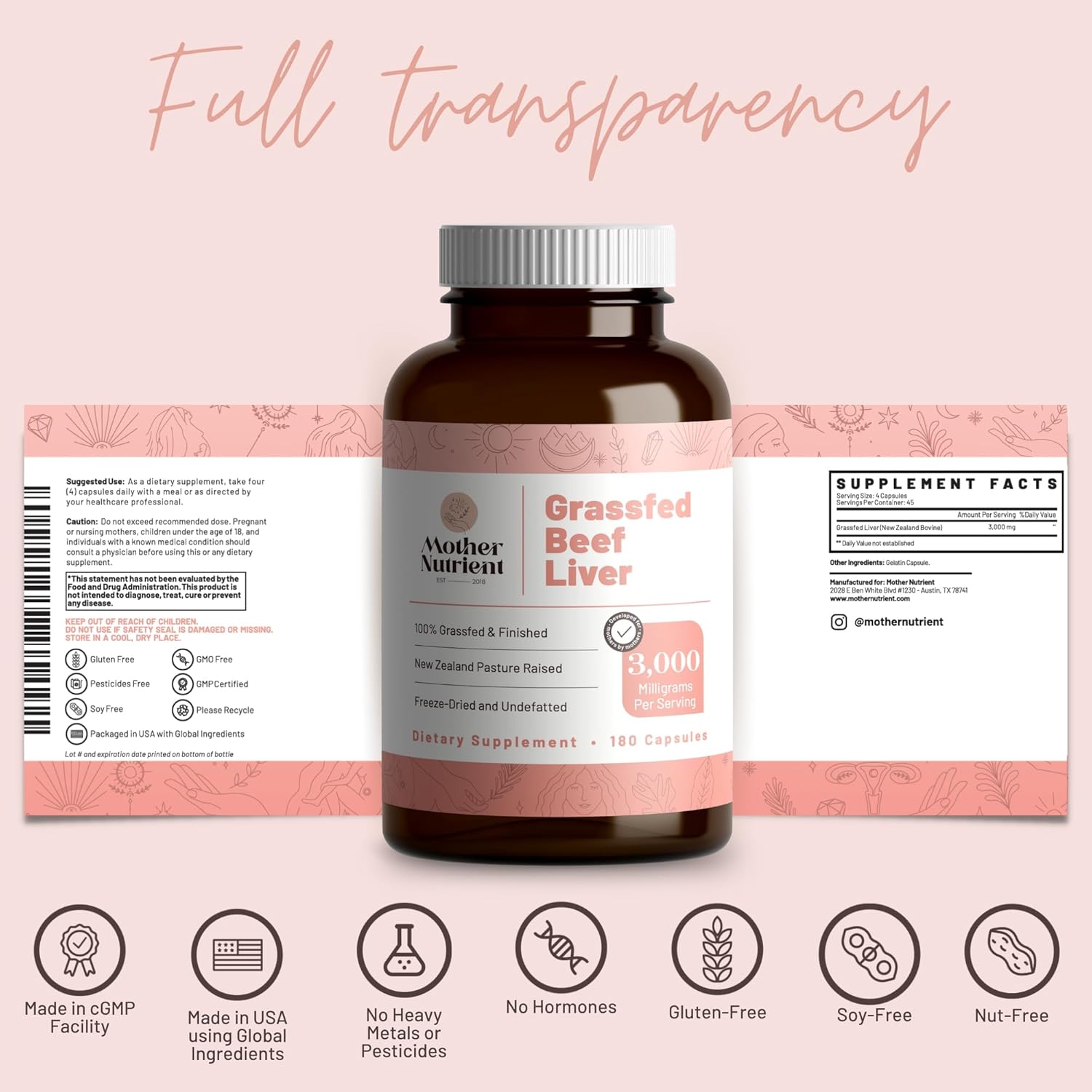 Premium Grass Fed Beef Liver Capsules from New Zealand - Rich in Vitamins A, B12, Iron, Protein - 180 Capsules for 45 Days