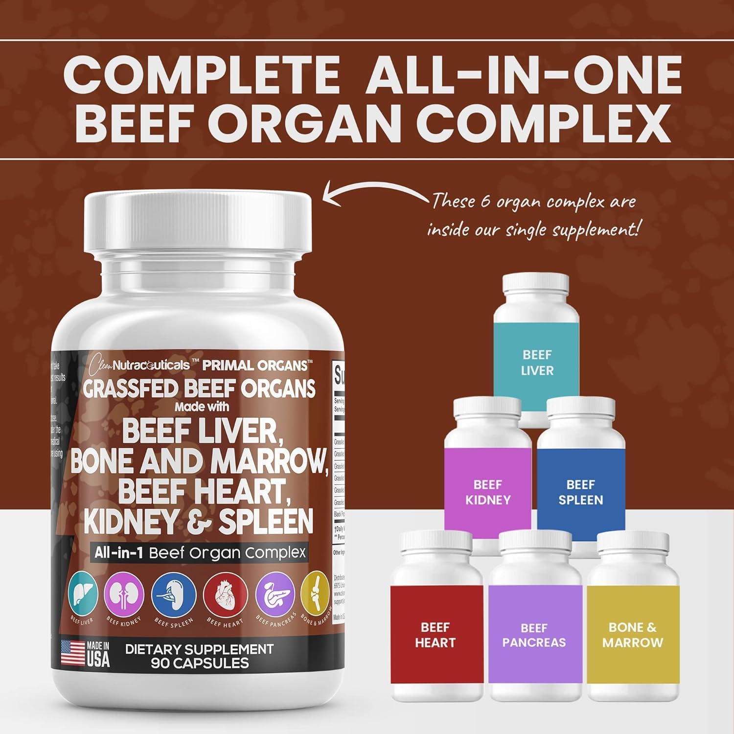 Premium Grass-Fed Beef Liver Capsules with Desiccated Heart, Spleen, Pancreas, Bone & Marrow - Nutrient-Rich Nutraceutical Supplement
