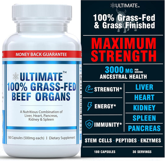 Premium Grass-Fed Beef Organs Supplement for Energy & Wellness - 100% Natural & Non-GMO - 180 Capsules