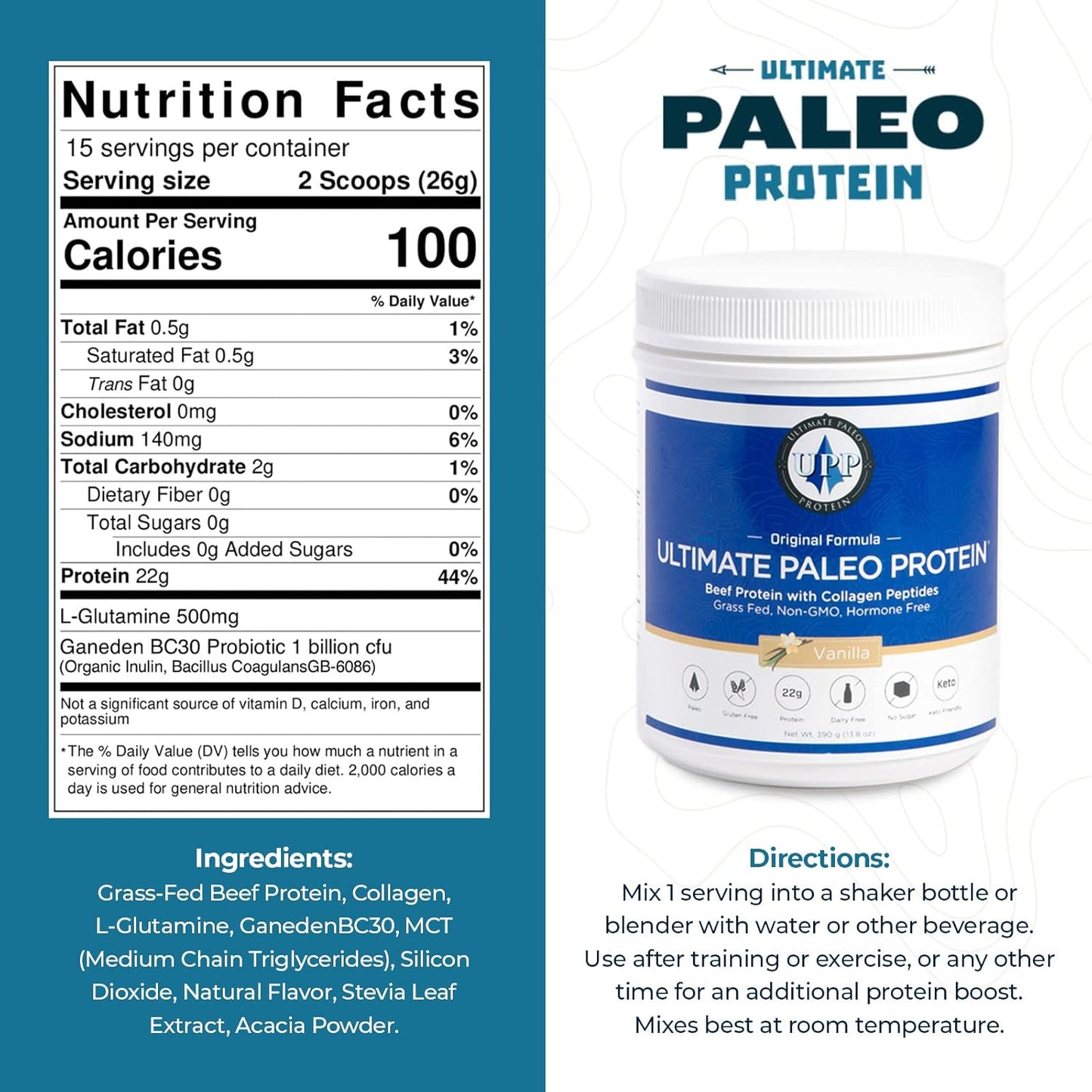 Premium Grass Fed Beef Protein Powder with Collagen Peptides - Vanilla Flavor | Paleo, Keto, and Gluten Free - 15 Servings