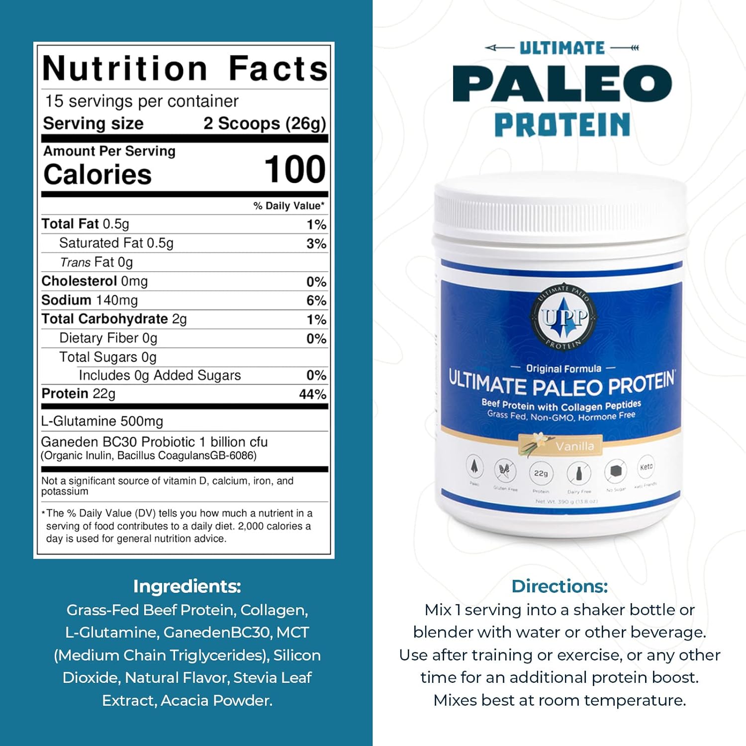Premium Grass Fed Beef Protein Powder with Collagen Peptides - Vanilla Flavor | Paleo, Keto, and Gluten Free - 15 Servings