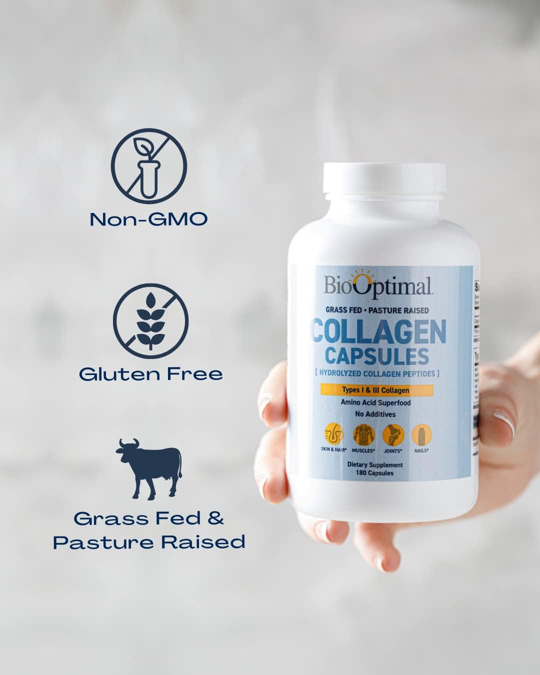 Premium Grass-Fed Collagen Peptides Capsules for Skin, Hair & Nails - Non-GMO, Zero Sugar Daily Supplement for Men & Women - 180 Capsules