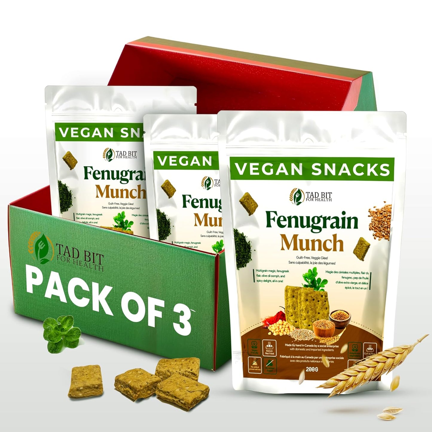 Premium Handmade Fenugrain Munch Crackers - Vegan, Dairy-Free, Sugar-Free Snacks - Low Calorie Whole Wheat Biscuits (3 Pack, 600g)
