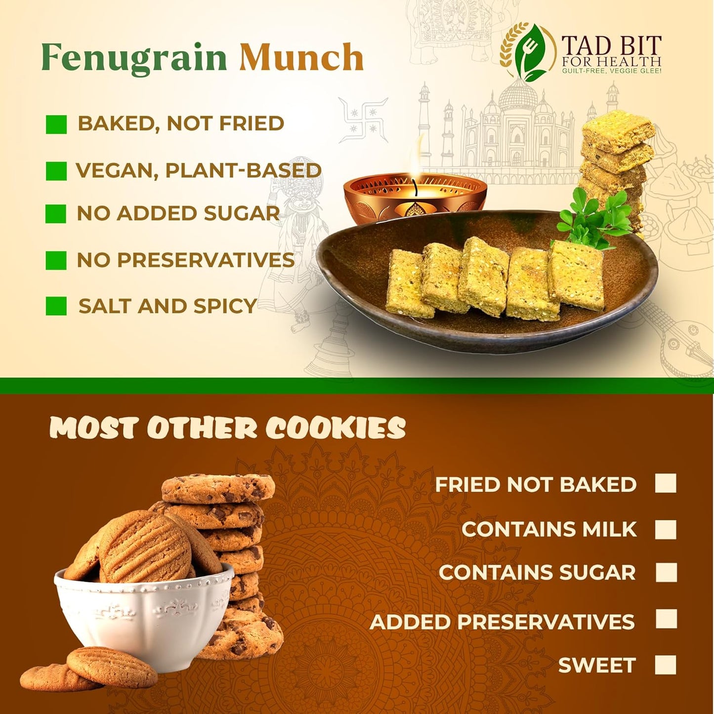 Premium Handmade Fenugrain Munch Crackers - Vegan, Dairy-Free, Sugar-Free Snacks - Low Calorie Whole Wheat Biscuits (3 Pack, 600g)
