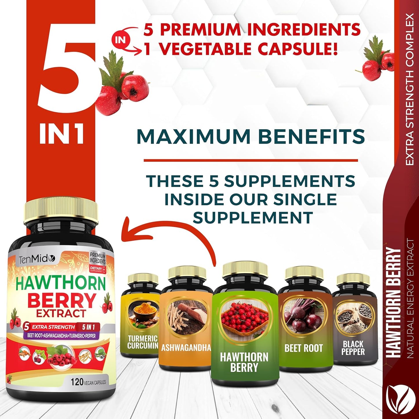 Premium Hawthorn Berry Supplement Capsules - 120 Vegan Capsules for Heart Health & Energy - Beet Root, Ashwagandha, Turmeric Curcumin & Black Pepper - 4 Month Supply