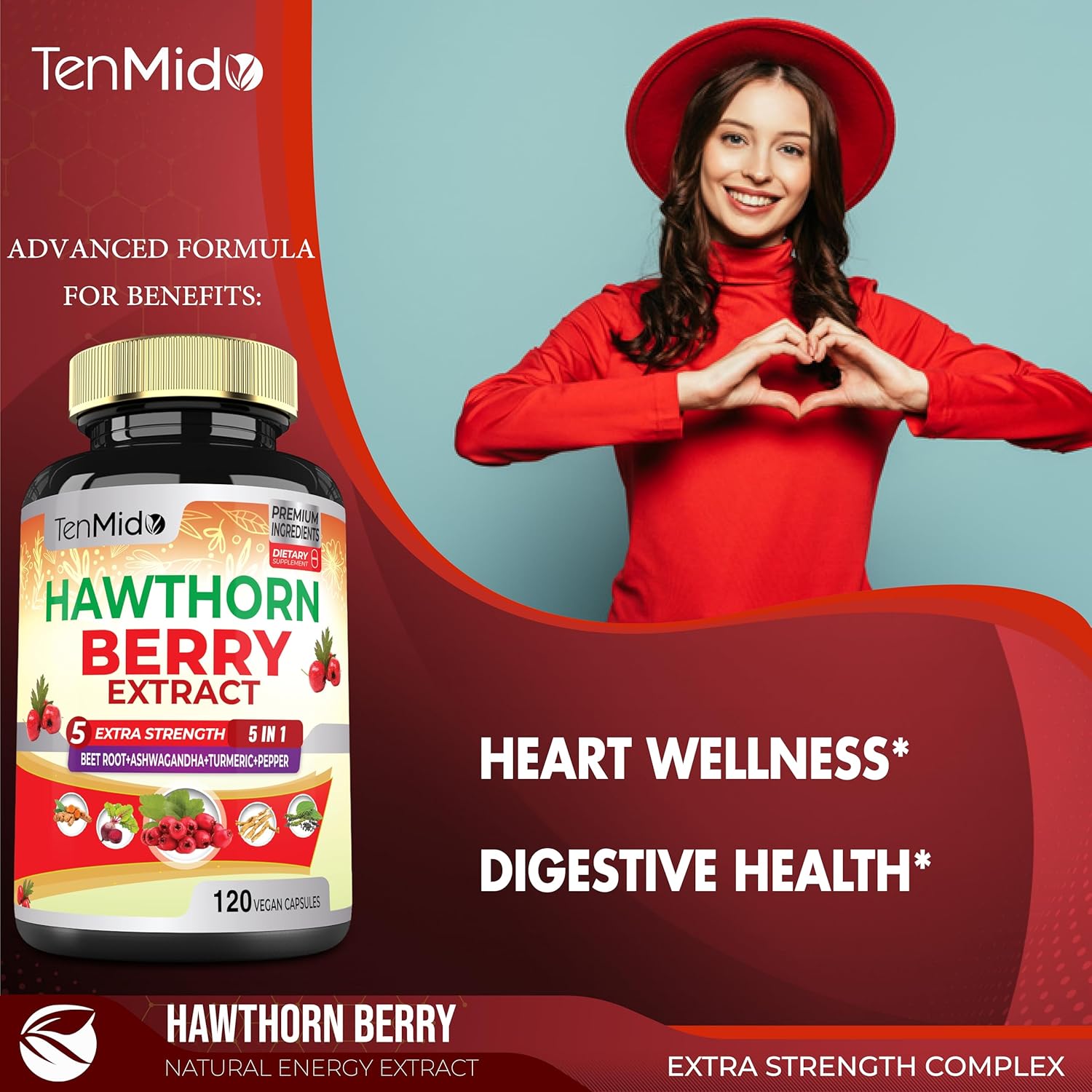 Premium Hawthorn Berry Supplement Capsules - 120 Vegan Capsules for Heart Health & Energy - Beet Root, Ashwagandha, Turmeric Curcumin & Black Pepper - 4 Month Supply