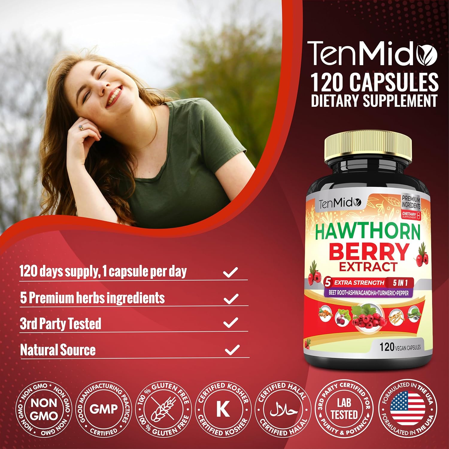 Premium Hawthorn Berry Supplement Capsules - 120 Vegan Capsules for Heart Health & Energy - Beet Root, Ashwagandha, Turmeric Curcumin & Black Pepper - 4 Month Supply