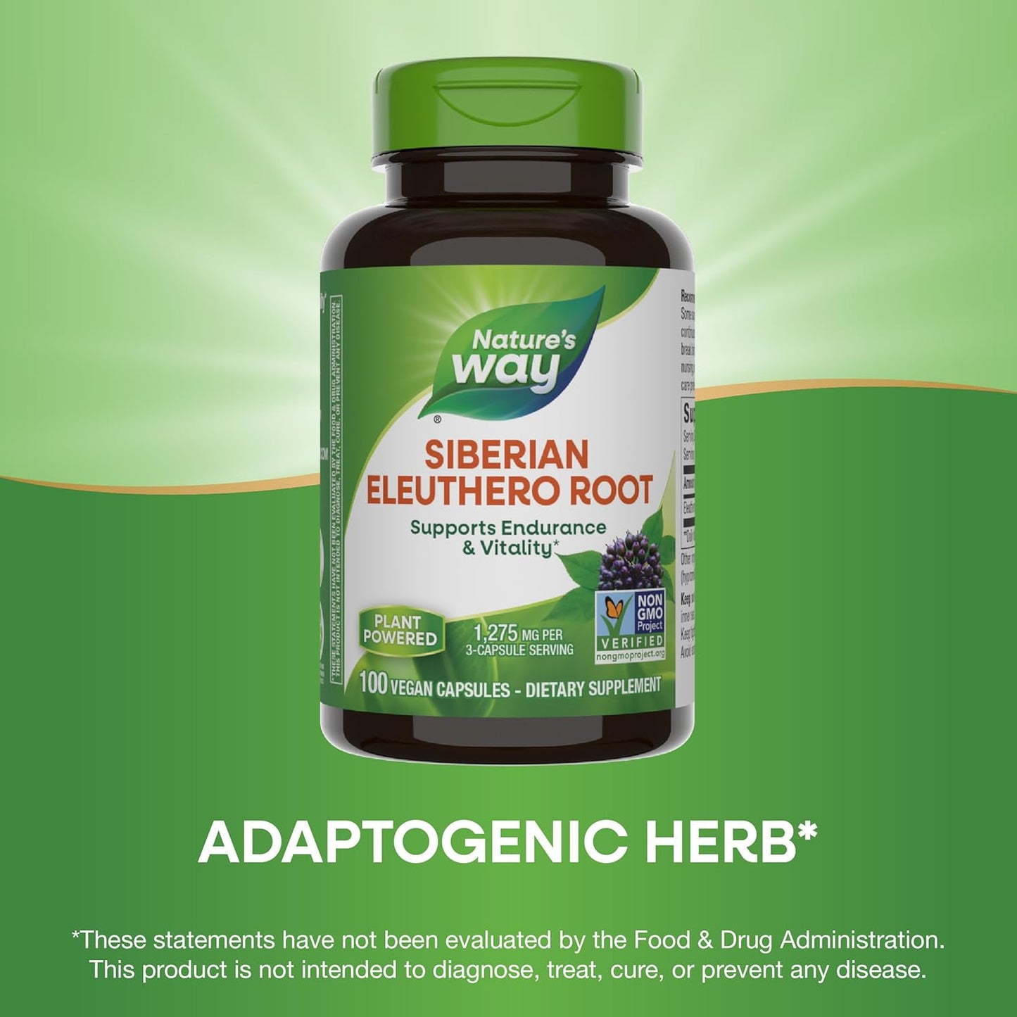 Premium Herbal Siberian Eleuthero Root Supplement for Endurance & Vitality*, Adaptogen*, 1,275mg, Non-GMO, 100 Capsules
