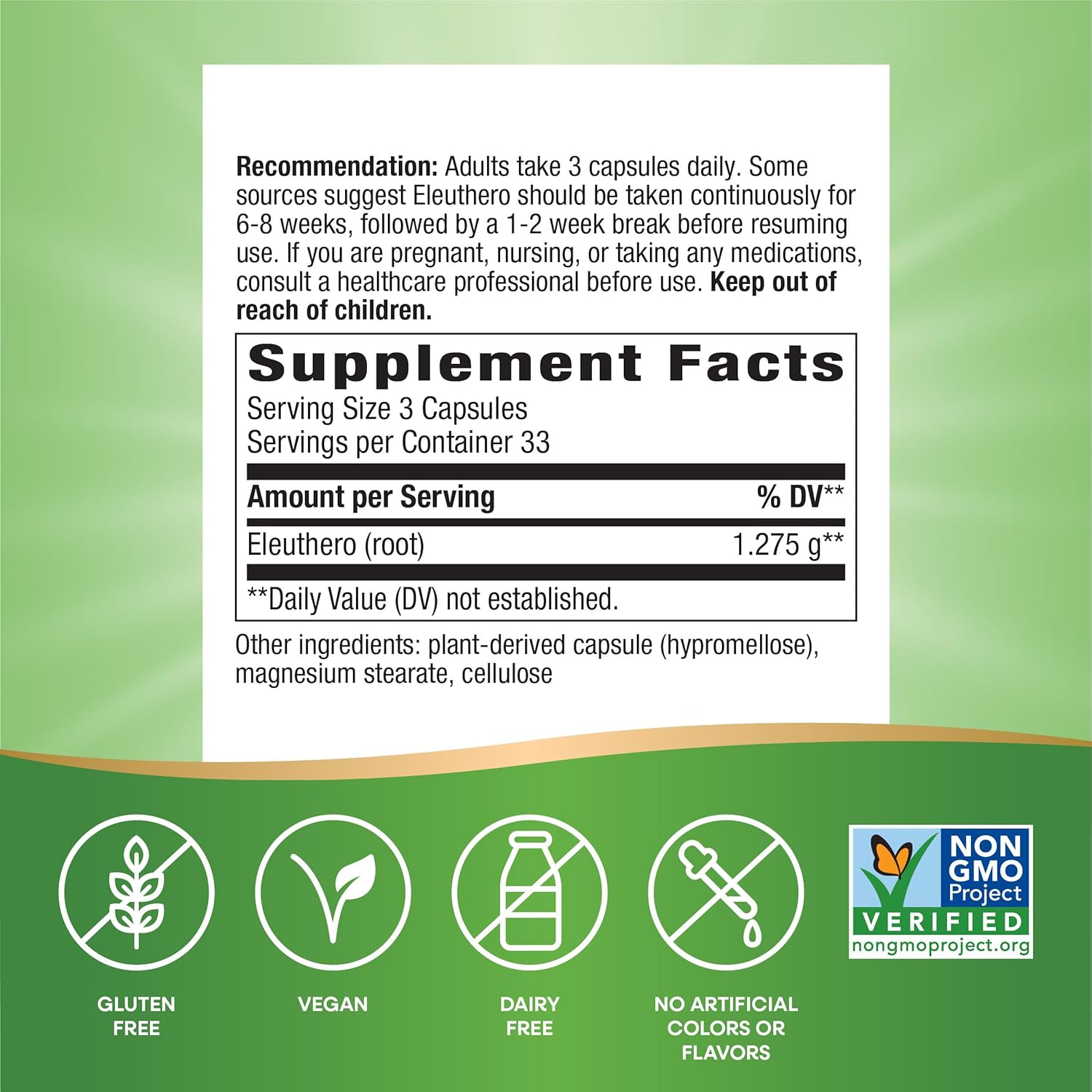 Premium Herbal Siberian Eleuthero Root Supplement for Endurance & Vitality*, Adaptogen*, 1,275mg, Non-GMO, 100 Capsules