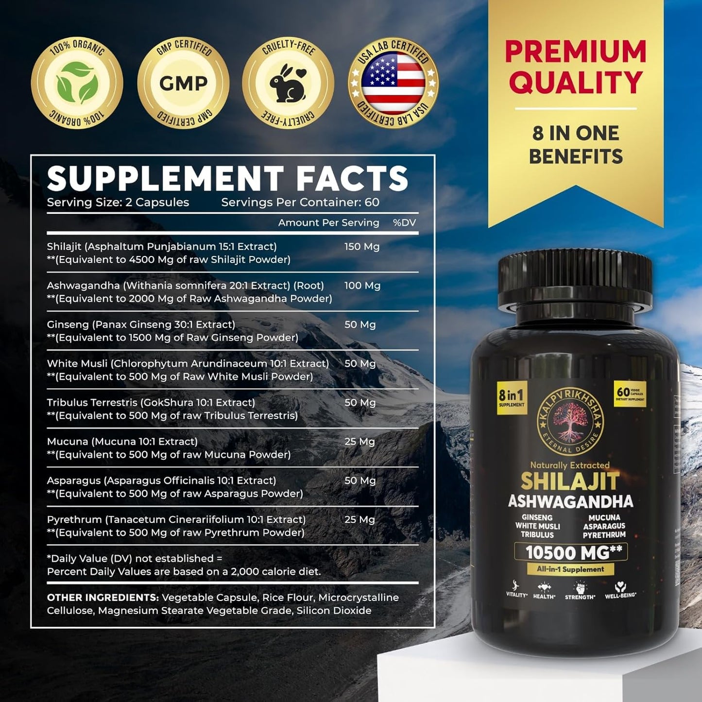 Premium Herbal Supplement Blend with Ashwagandha, Shilajit, Ginseng, White Musli, and Asparagus - Non-GMO Vegan Capsules