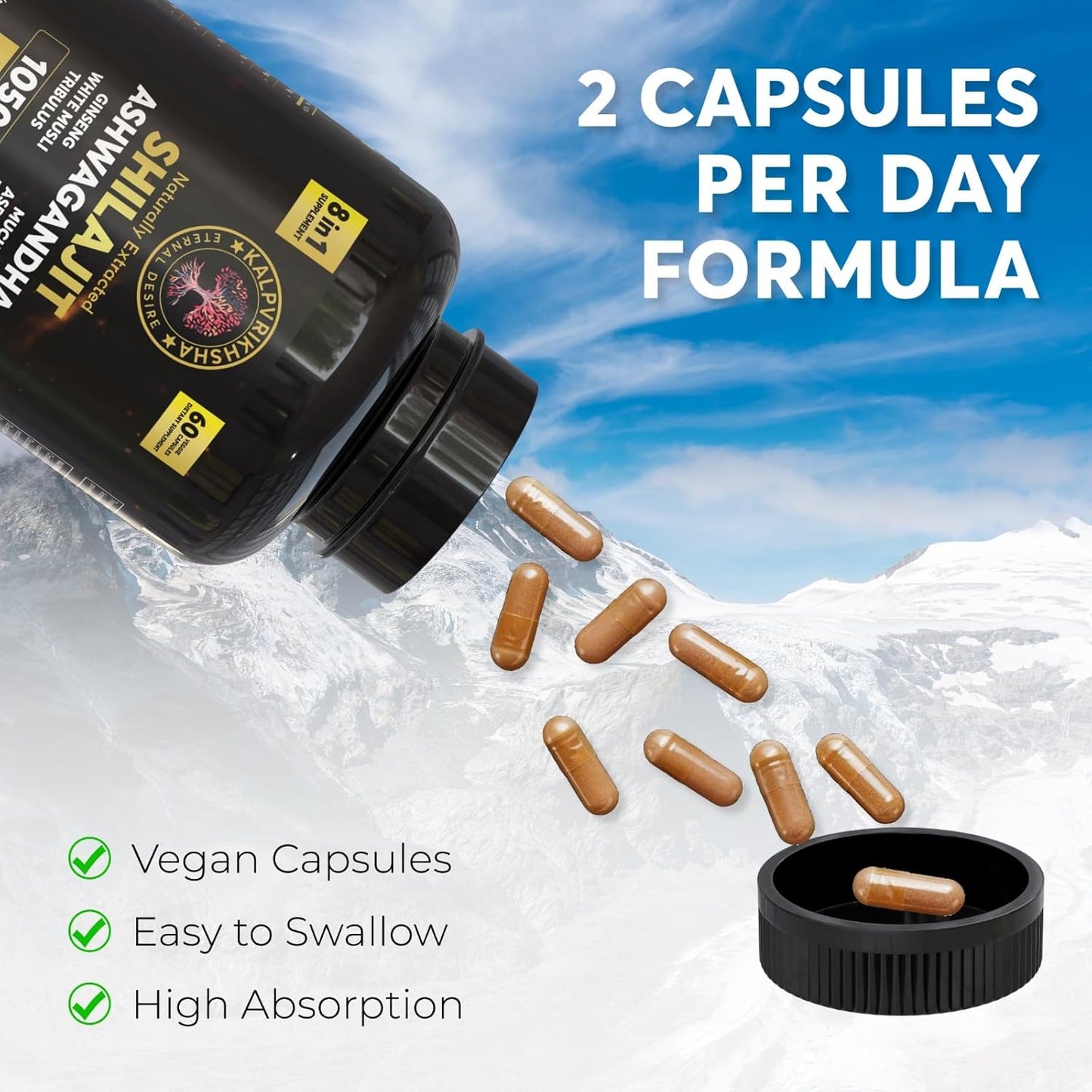 Premium Herbal Supplement Blend with Ashwagandha, Shilajit, Ginseng, White Musli, and Asparagus - Non-GMO Vegan Capsules