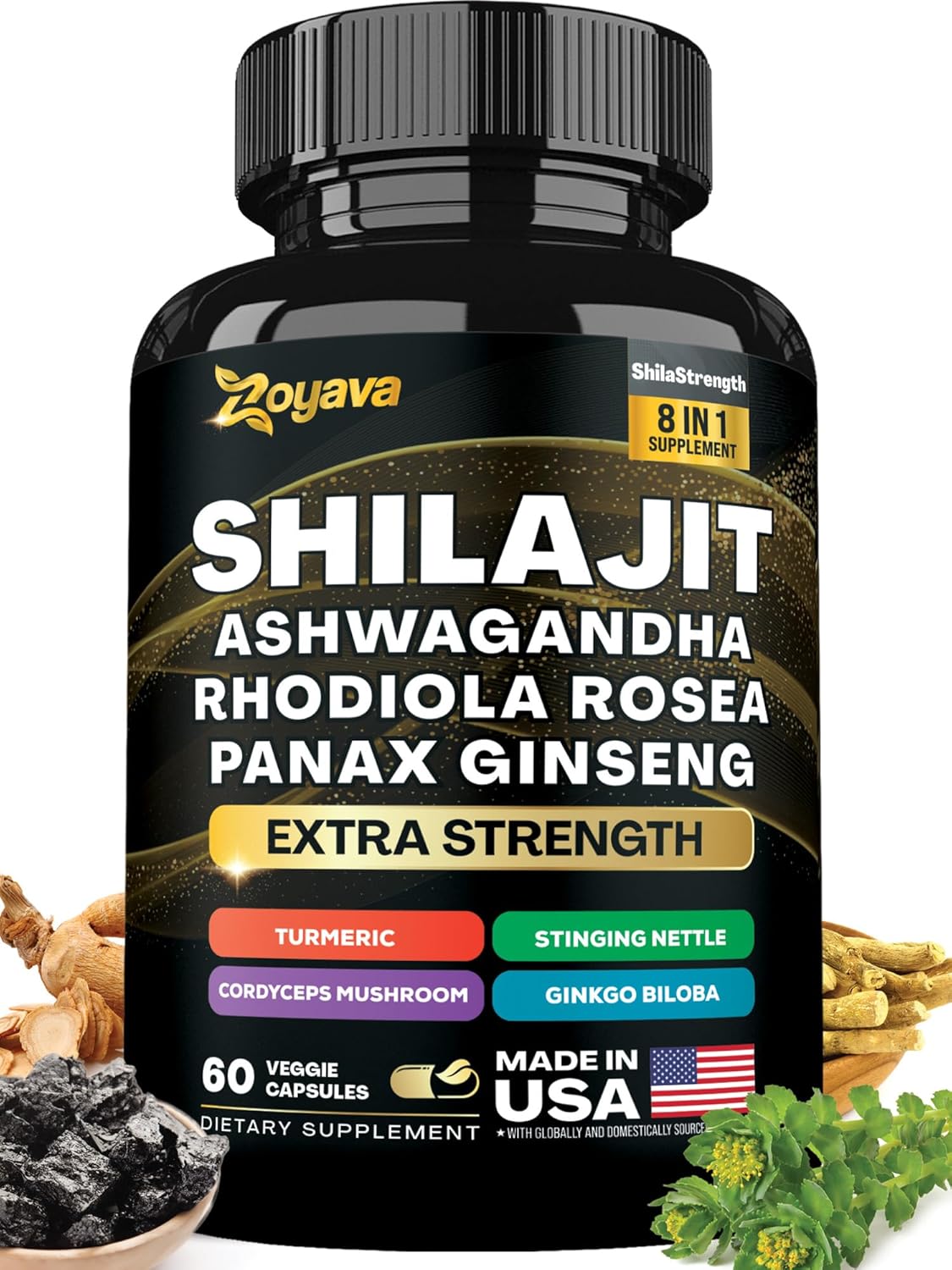 Premium Herbal Supplement Blend with Shilajit, Ginseng, Ashwagandha, Rhodiola, Turmeric, Gingko, Nettle, and Cordyceps - 60 Capsules