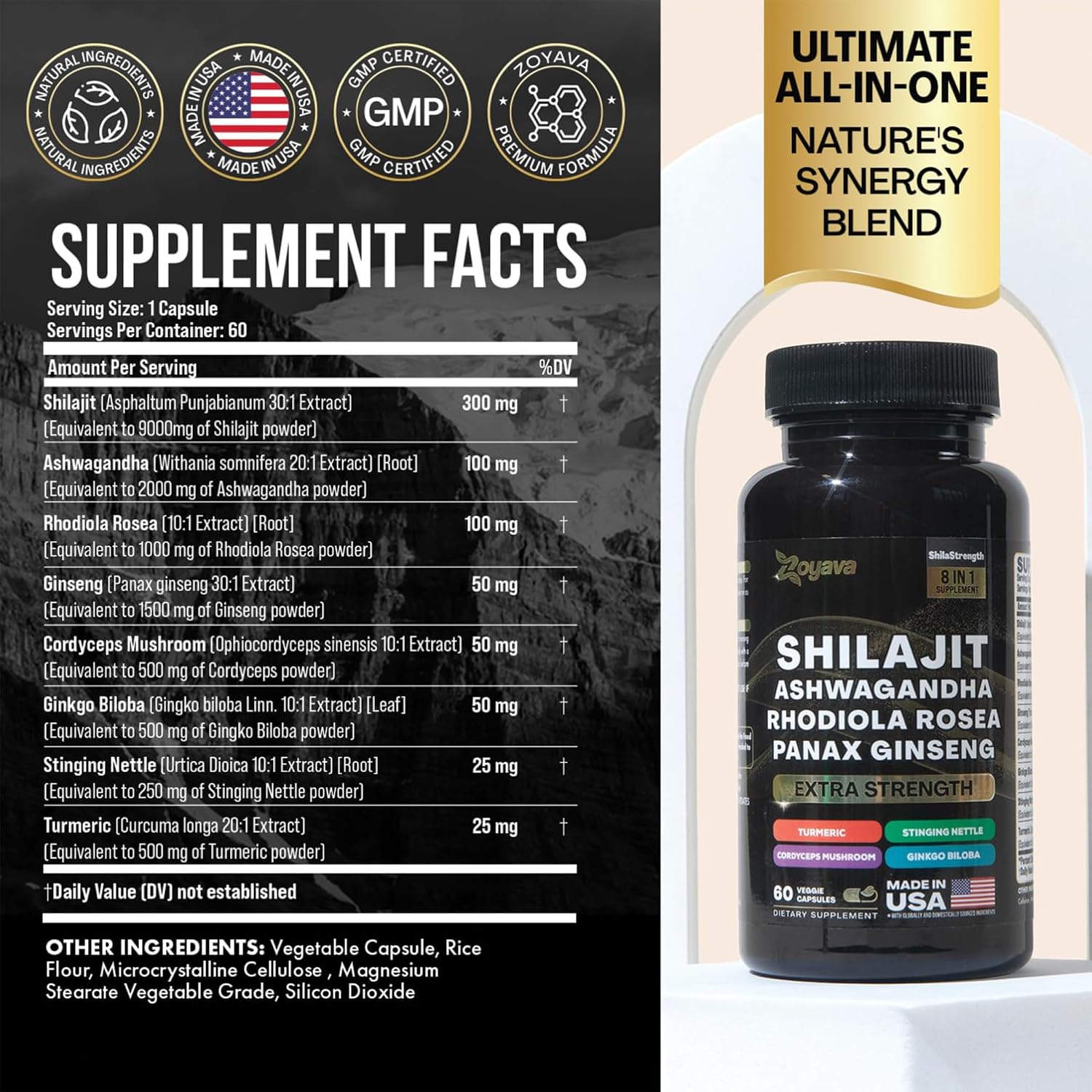 Premium Herbal Supplement Blend with Shilajit, Ginseng, Ashwagandha, Rhodiola, Turmeric, Gingko, Nettle, and Cordyceps - 60 Capsules