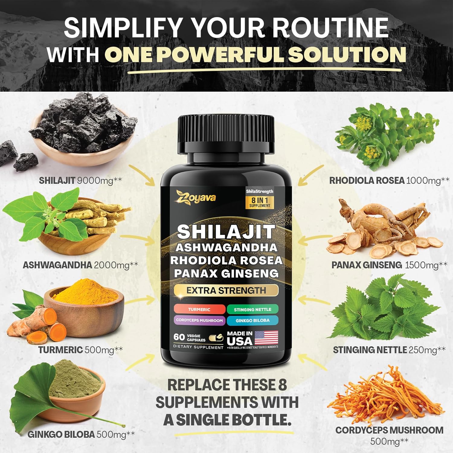 Premium Herbal Supplement Blend with Shilajit, Ginseng, Ashwagandha, Rhodiola, Turmeric, Gingko, Nettle, and Cordyceps - 60 Capsules